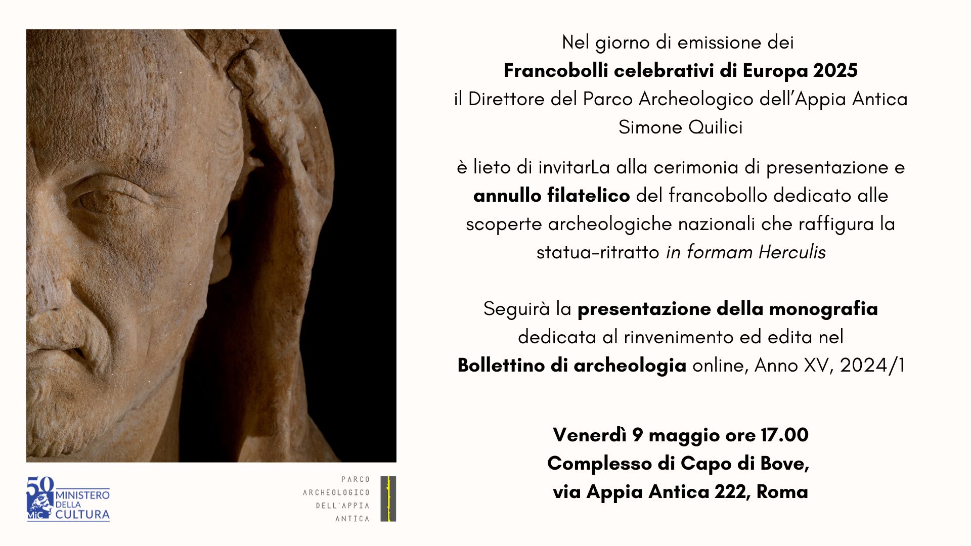 Cerimonia di emissione e annullo filatelico e presentazione del volume monografico dedicato alla statua-ritratto in formam Herculis rinvenuta nel Parco dell’Appia antica